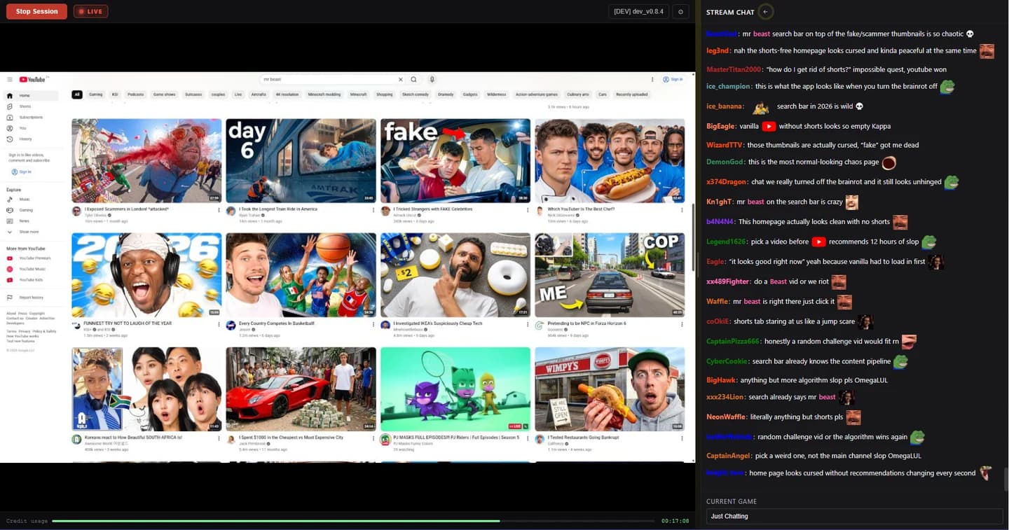 YouTube browsing session with Not Real Live chat reactions